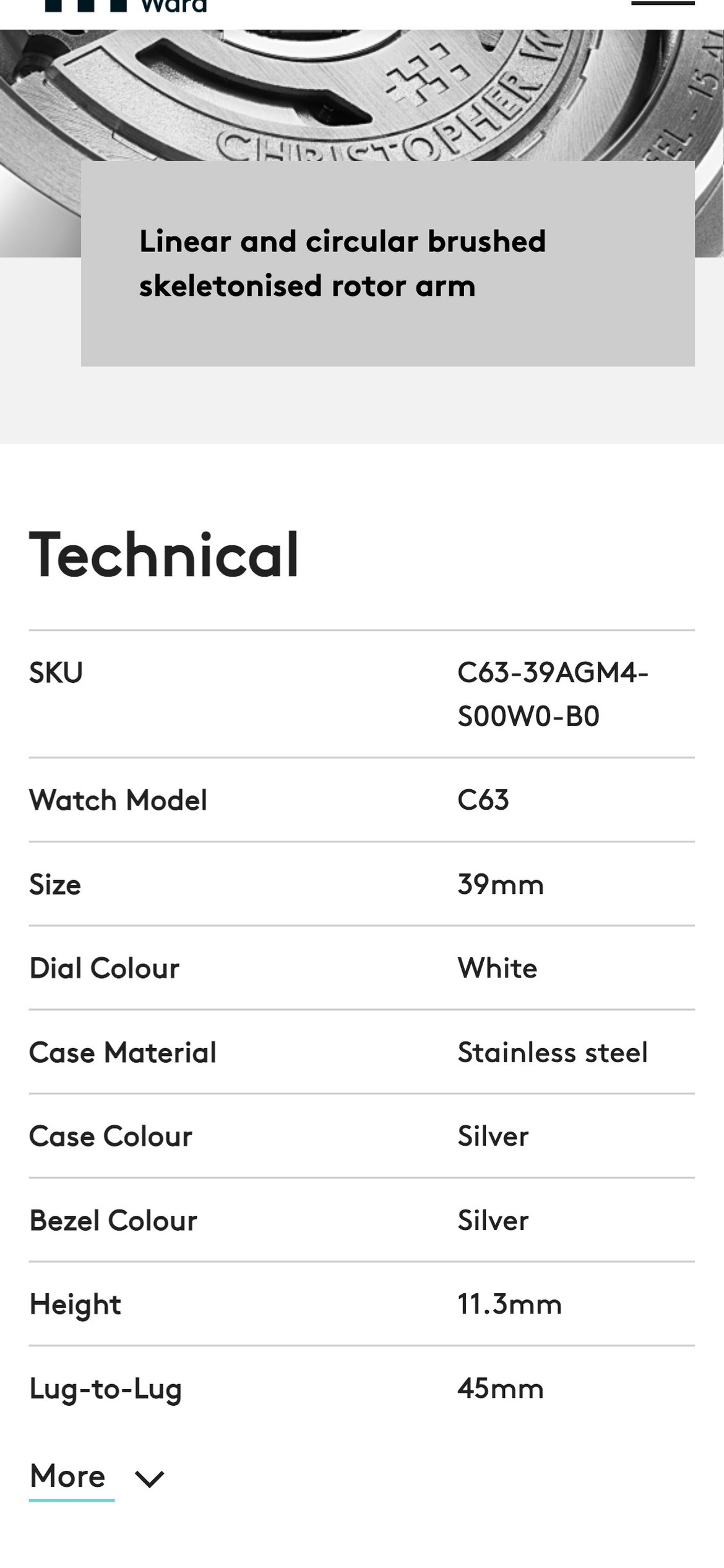 Christopher Ward — PDP spec table, Mobile